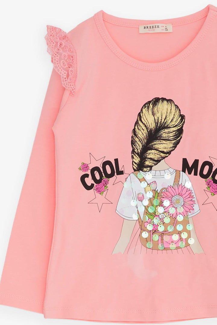 BRE Breeze Girl Child Long Sleeve T-Shirt with Lace Shoulder 4-9 Years, Pink - Hicksville