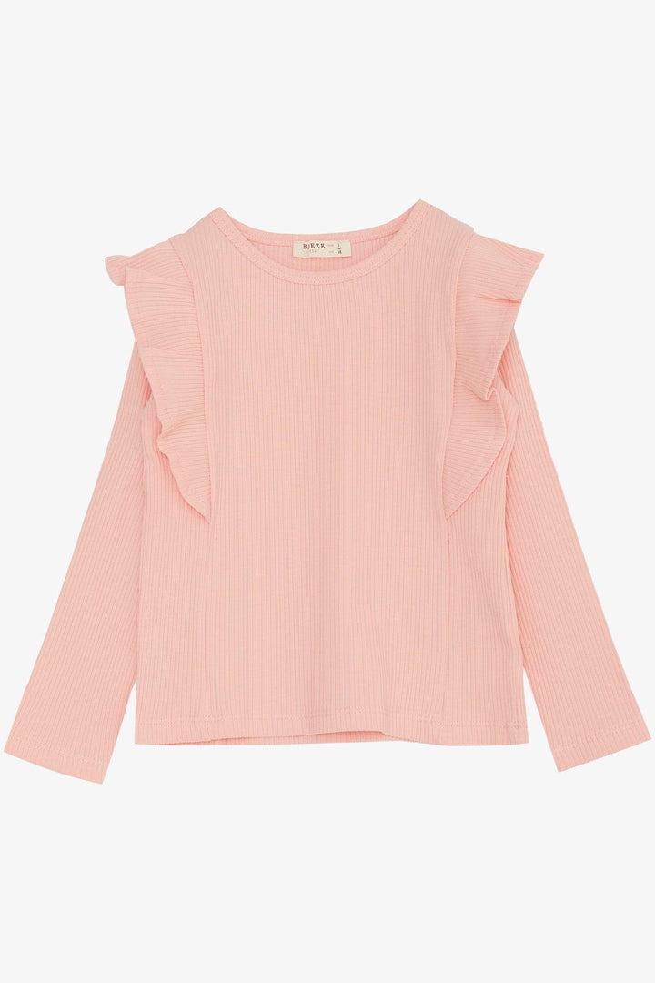 BRE Breeze Girl Child Long Sleeve T-Shirt with Ruffle Shoulder 3-7 Years, Salmon - Saint-Nazaire