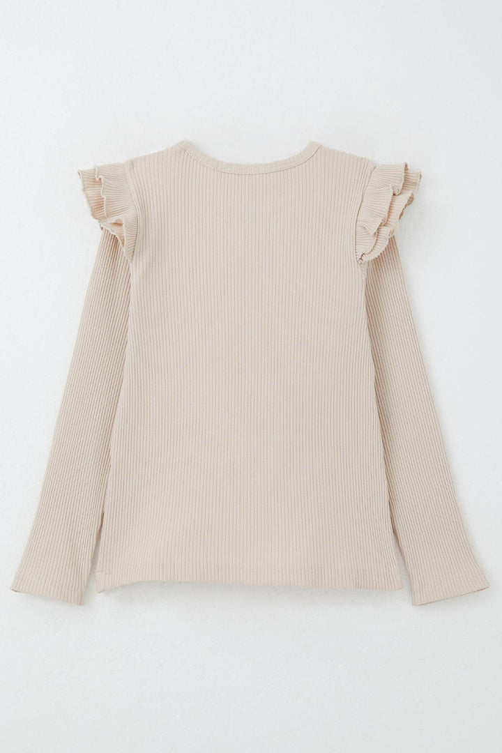 BRE Breeze Girl Child Long Sleeve T-Shirt with Ruffle Detail on Shoulders Heart Patterned, Beige, 50 Years - Hawthorne