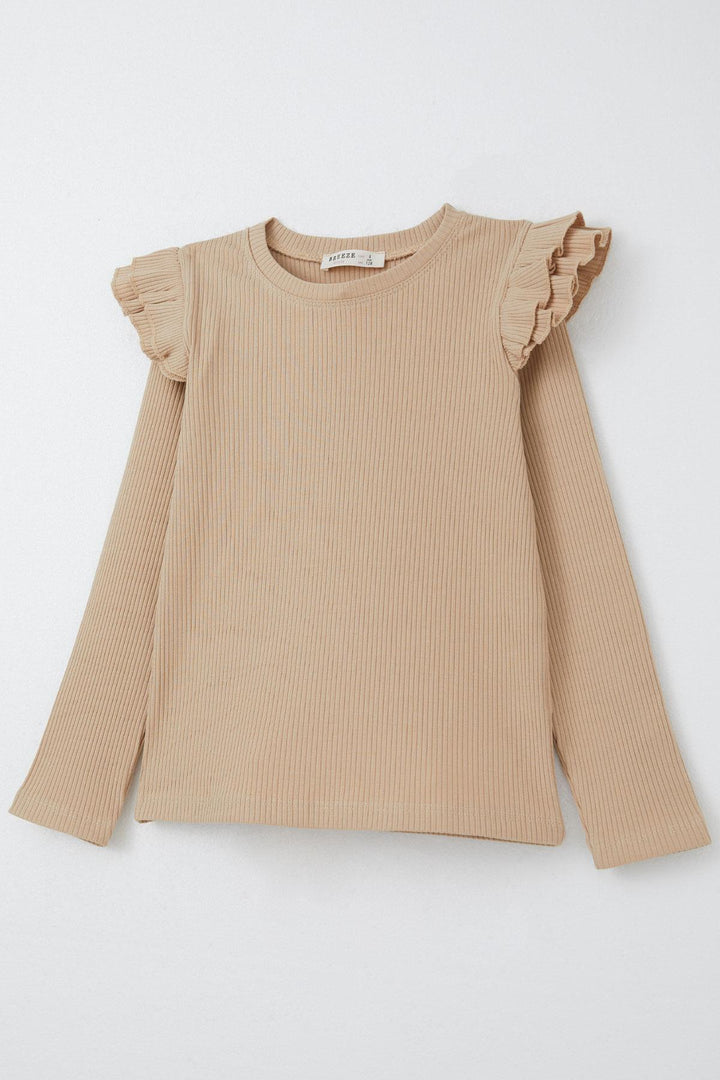 BRE Breeze Girl Child Long Sleeve T-Shirt with Frilly Shoulders 50 Years, Dark Beige - Winter Garden