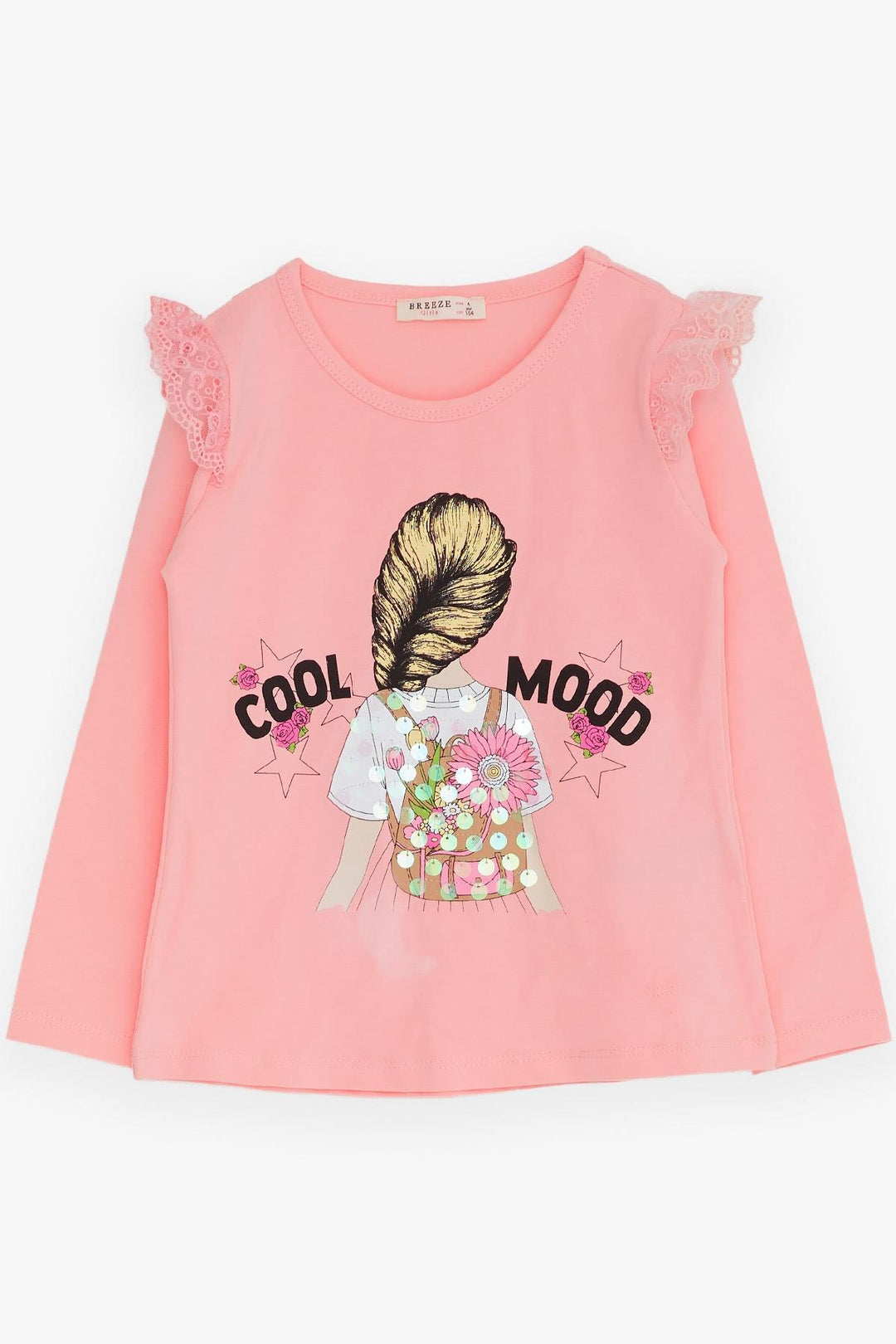BRE Breeze Girl Child Long Sleeve T-Shirt with Lace Shoulder 4-9 Years, Pink - Hicksville