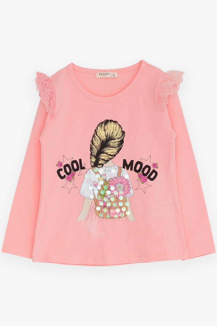 BRE Breeze Girl Child Long Sleeve T-Shirt with Lace Shoulder 4-9 Years, Pink - Hicksville