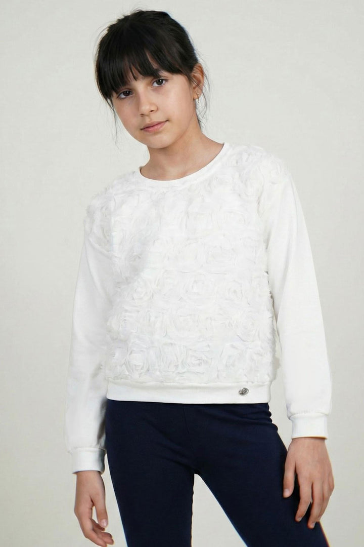 BRE Breeze Girl Child Long Sleeve T-Shirt with Organza Embossed Rose Detail 62 Years, Ecru - Monroe