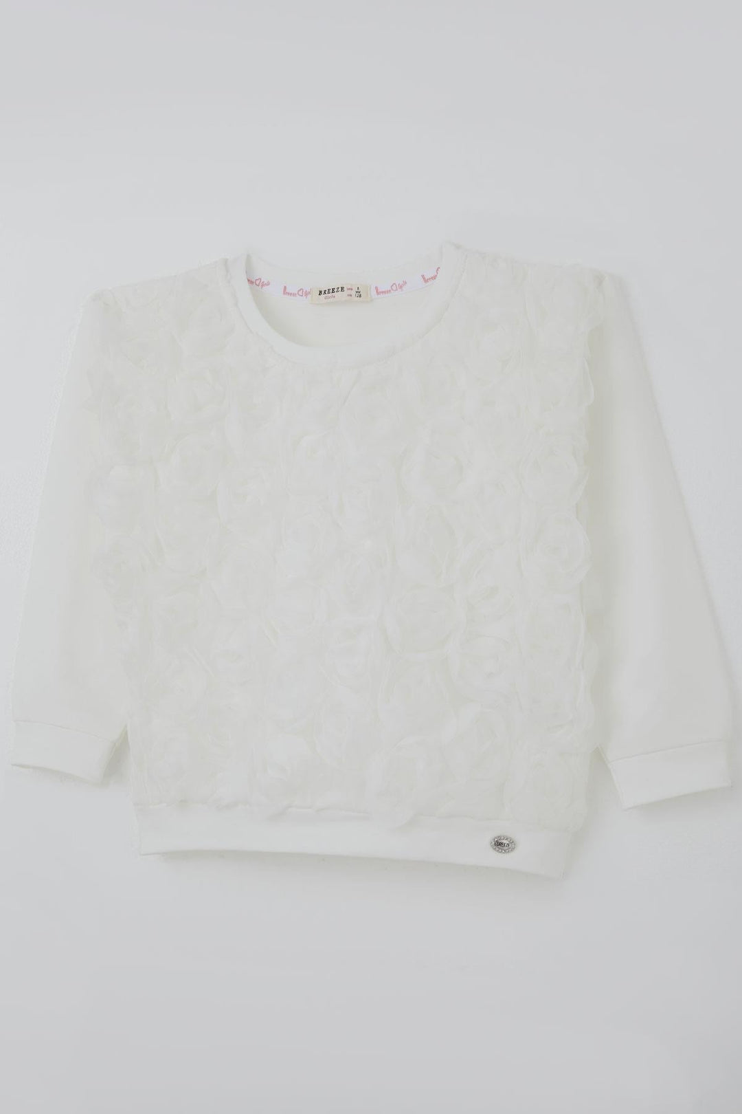 BRE Breeze Girl Child Long Sleeve T-Shirt with Organza Embossed Rose Detail 62 Years, Ecru - Monroe