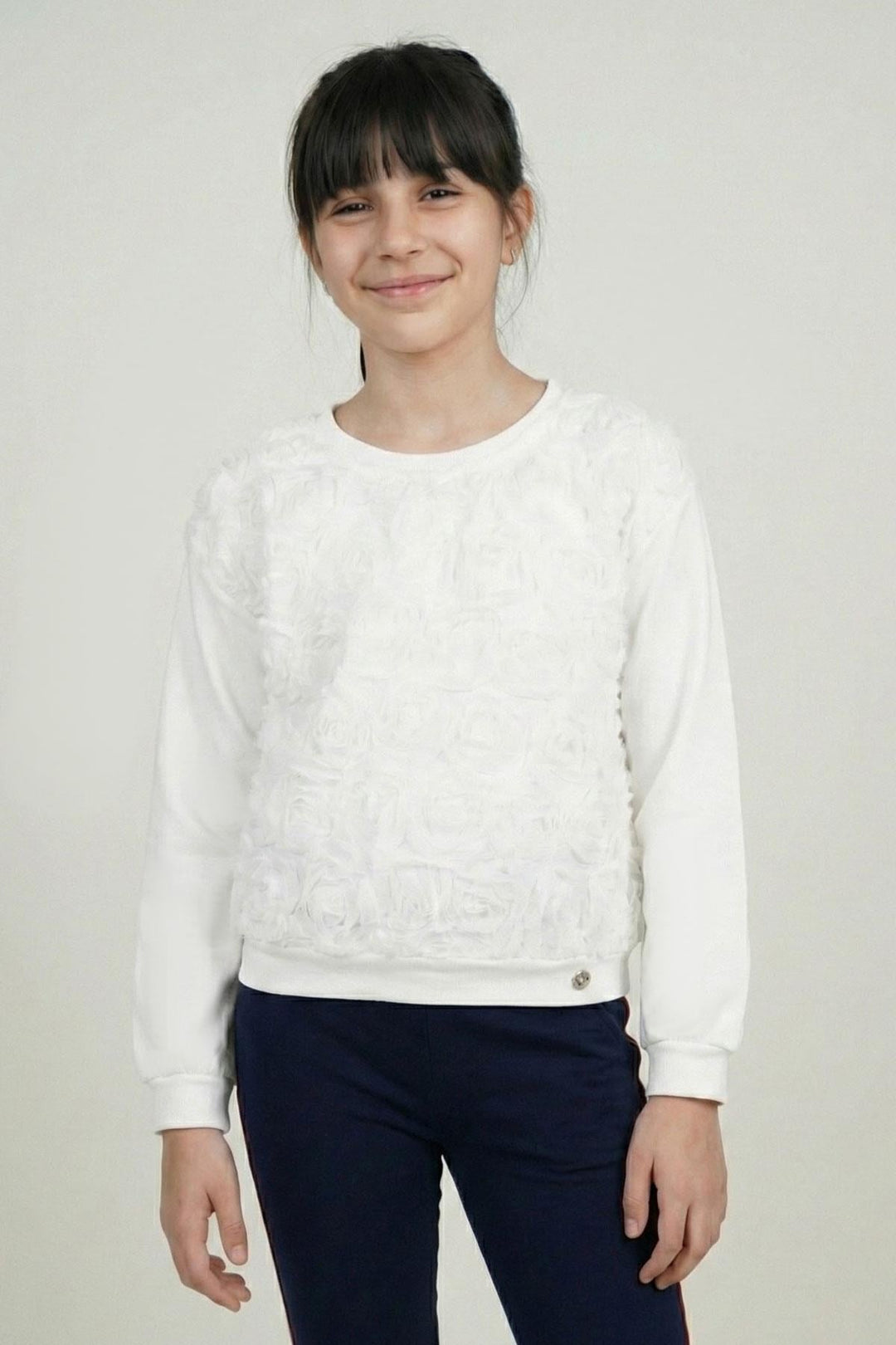 BRE Breeze Girl Child Long Sleeve T-Shirt with Organza Embossed Rose Detail 62 Years, Ecru - Monroe