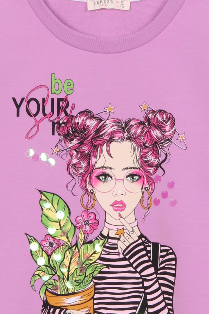 BRE Breeze Girl Child Long Sleeve T-Shirt Portrait Girl Printed 104 Years, Lilac - Middleton
