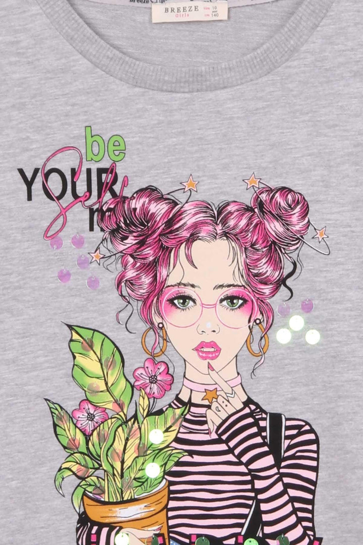 BRE Breeze Girl Child Long Sleeve T-Shirt Portrait Girl Printed 104 Years, Grey Melange - Swindon