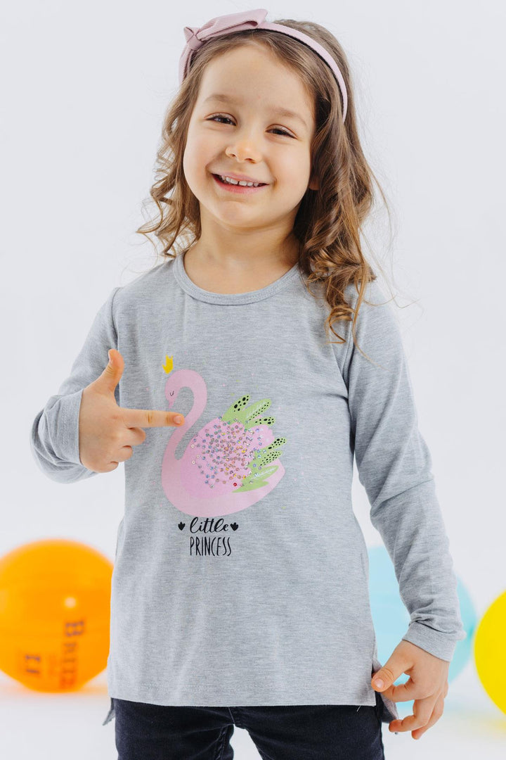 BRE Breeze Girl Child Long Sleeve T-Shirt Princess Swan Printed Sequined 2-6 Years, Grey Melange - Carrollton