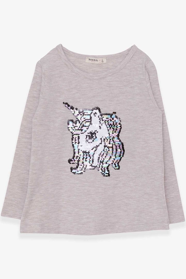 BRE Breeze Girl Child Long Sleeve T-Shirt Sequined Unicorn 4-8 Years, Beige Melange - St. Louis