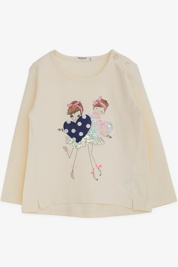 BRE Breeze Girl Child Long Sleeve T-Shirt Sequined Girl Printed 2-6 Years, Cream - Lingen