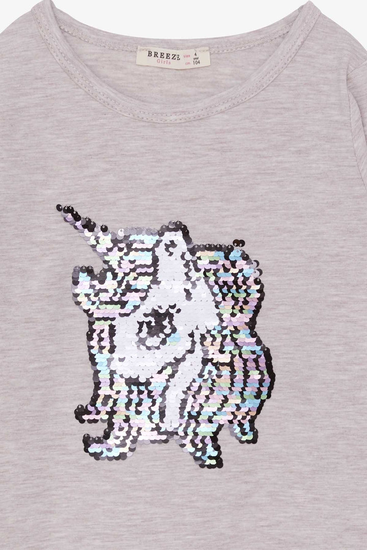 BRE Breeze Girl Child Long Sleeve T-Shirt Sequined Unicorn 4-8 Years, Beige Melange - St. Louis