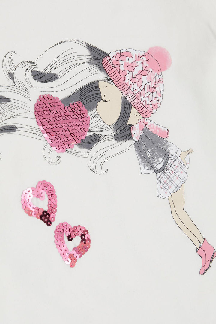 BRE Breeze Girl Child Long Sleeve T-Shirt with Sequined Heart Print, 2-6 Years, Ecru - St. Johns