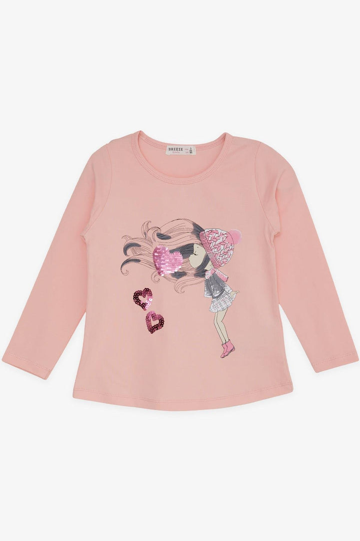 BRE Breeze Girl Child Long Sleeve T-Shirt Sequined Heart Printed 2-6 Years, Salmon - Fano