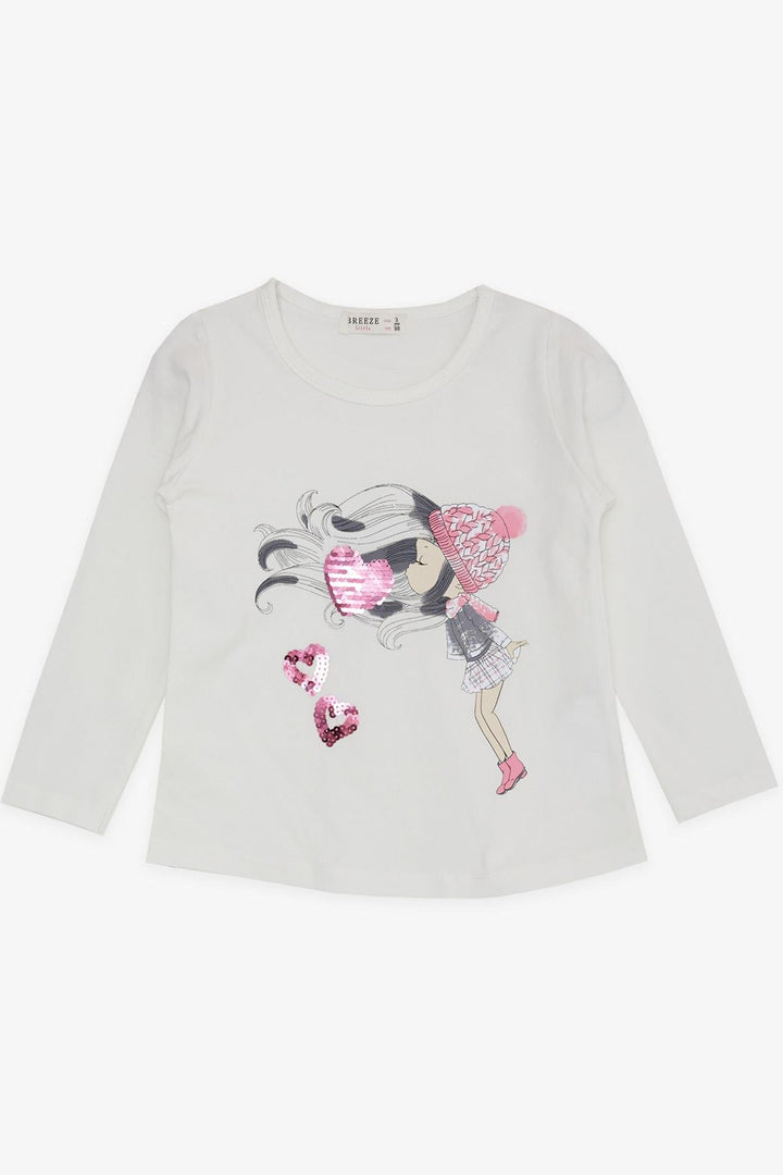 BRE Breeze Girl Child Long Sleeve T-Shirt with Sequined Heart Print, 2-6 Years, Ecru - St. Johns
