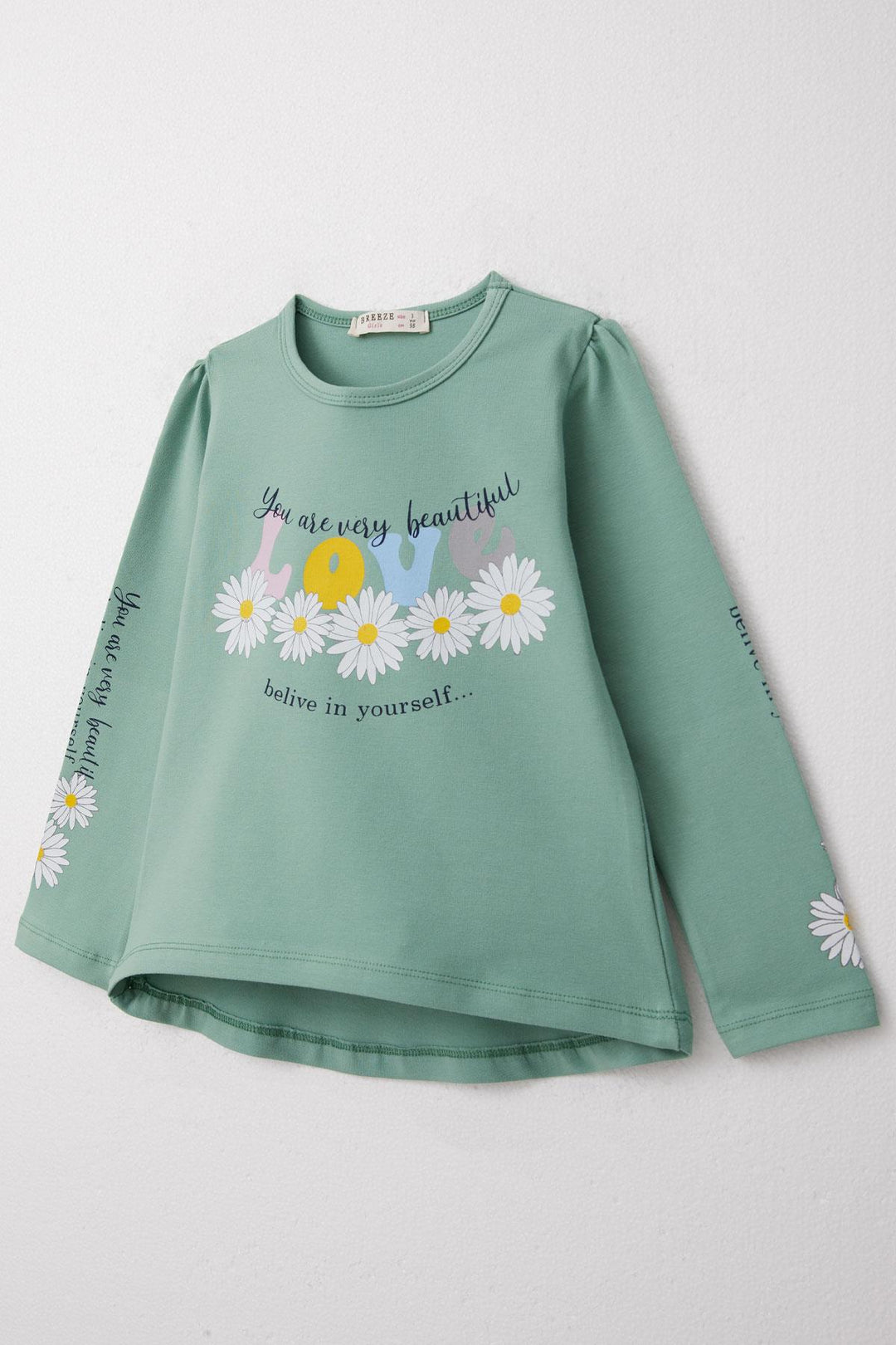 BRE Breeze Girl Child Long Sleeve T-Shirt Colorful Printed with Flower Pattern 3-8 Years, Mint Green - Uriangato