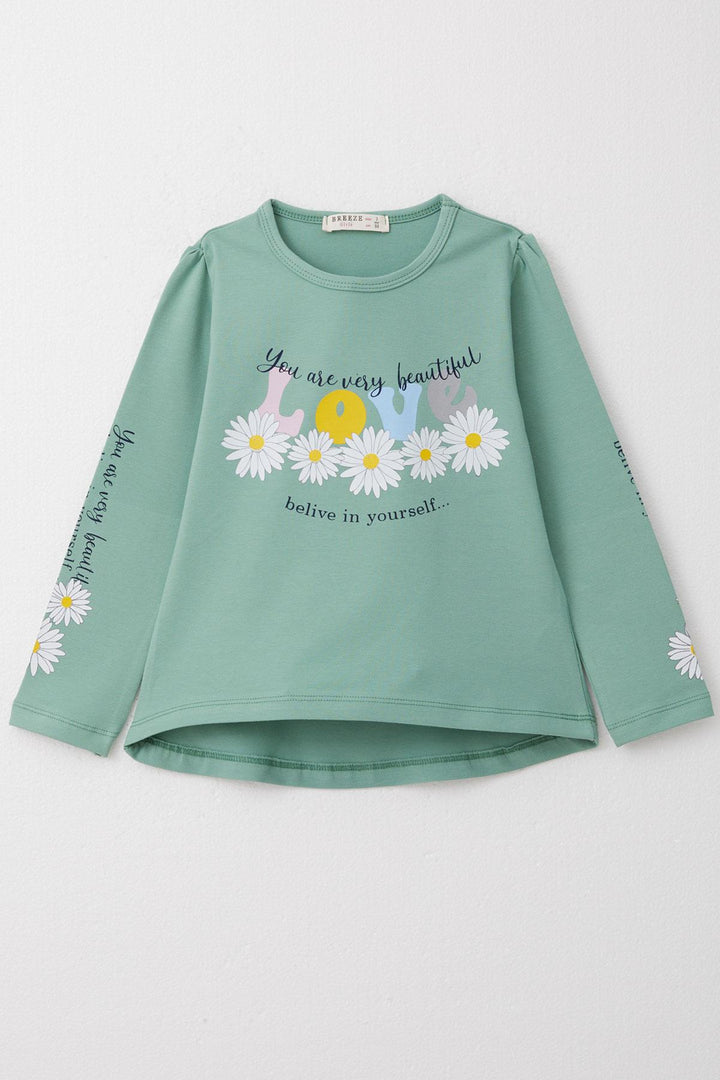 BRE Breeze Girl Child Long Sleeve T-Shirt Colorful Printed with Flower Pattern 3-8 Years, Mint Green - Uriangato