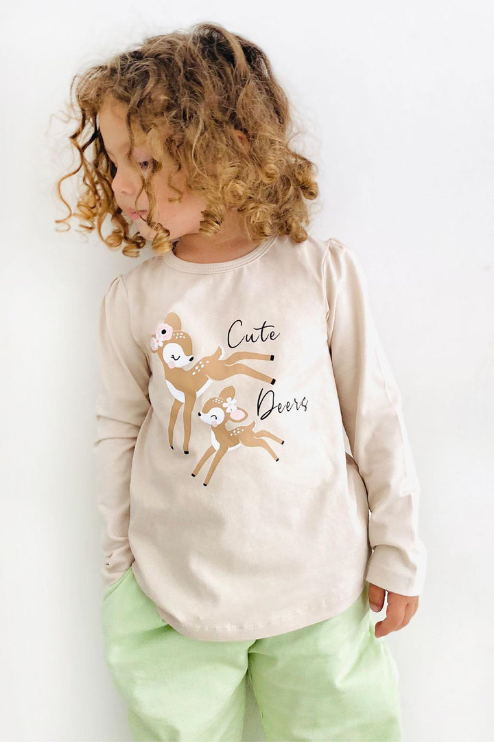 BRE Breeze Girl Child Long Sleeve T-Shirt Cute Deer Printed 2-6 Years, Beige - Elda