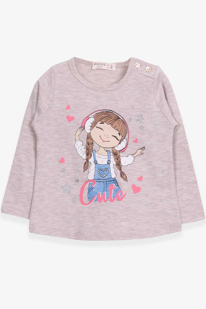 BRE Breeze Girl Child Long Sleeve T-Shirt Cute Girl Printed 1-4 Years, Beige Melange - Annemasse