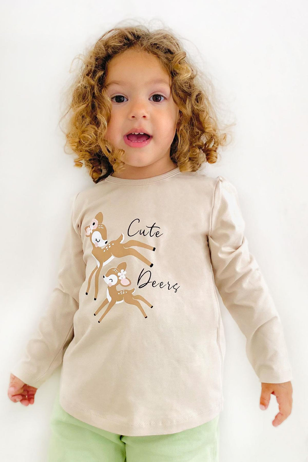 BRE Breeze Girl Child Long Sleeve T-Shirt Cute Deer Printed 2-6 Years, Beige - Elda