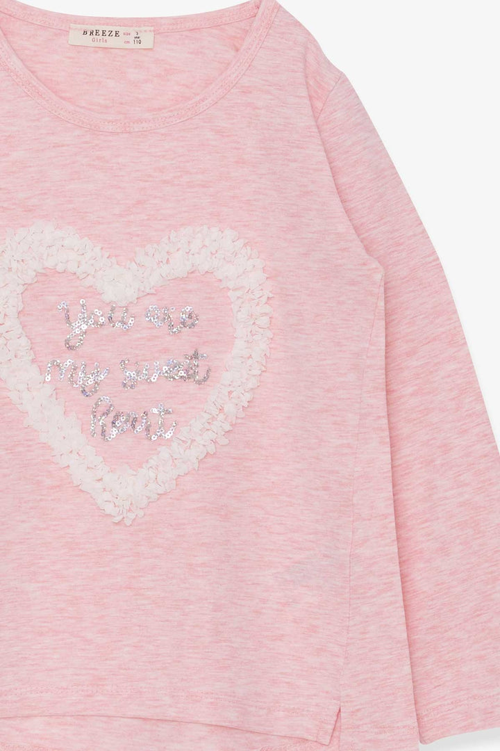 BRE Breeze Girl Child Long Sleeve T-Shirt with Glitter Heart Print 50 Years, Salmon Melange - North Richland Hills