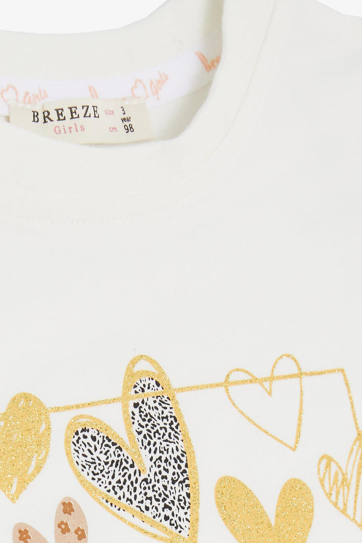 BRE Breeze Girl Child Long Sleeve T-Shirt with Glitter Heart Print Ruffled 1-4 Years, Ecru - Heroica Nogales