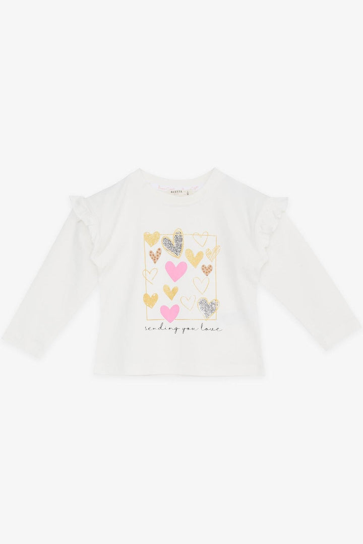 BRE Breeze Girl Child Long Sleeve T-Shirt with Glitter Heart Print Ruffled 1-4 Years, Ecru - Heroica Nogales