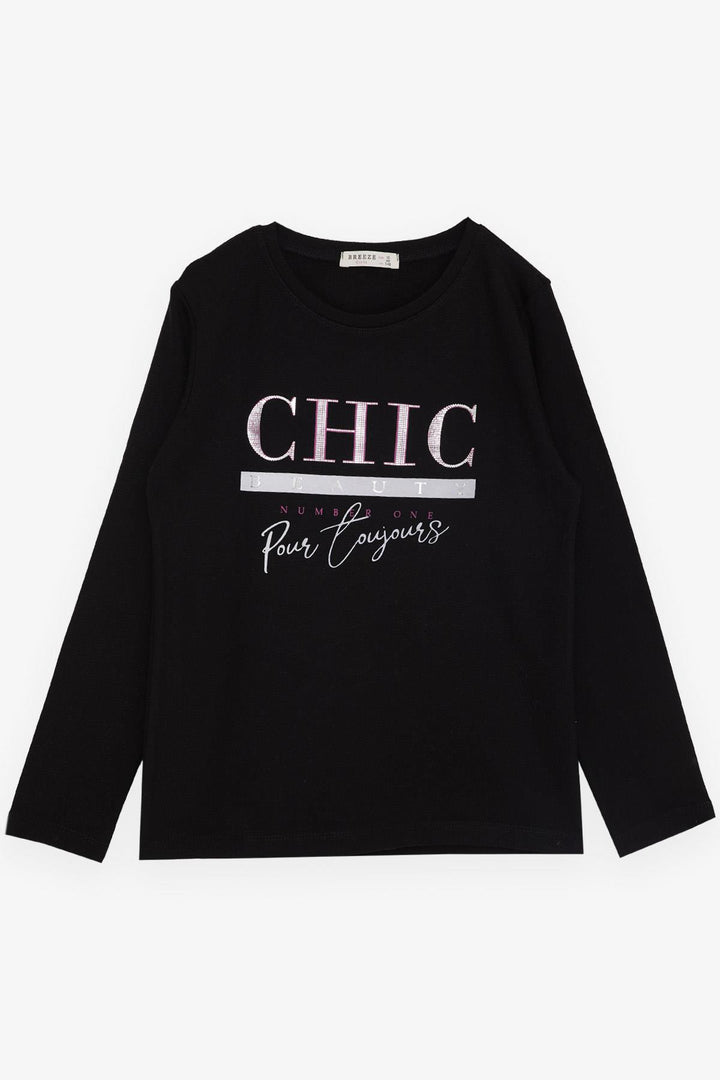 BRE Breeze Girl Child Long Sleeve T-Shirt with Glittery Printed Text, 94 Years, Black - Teruel