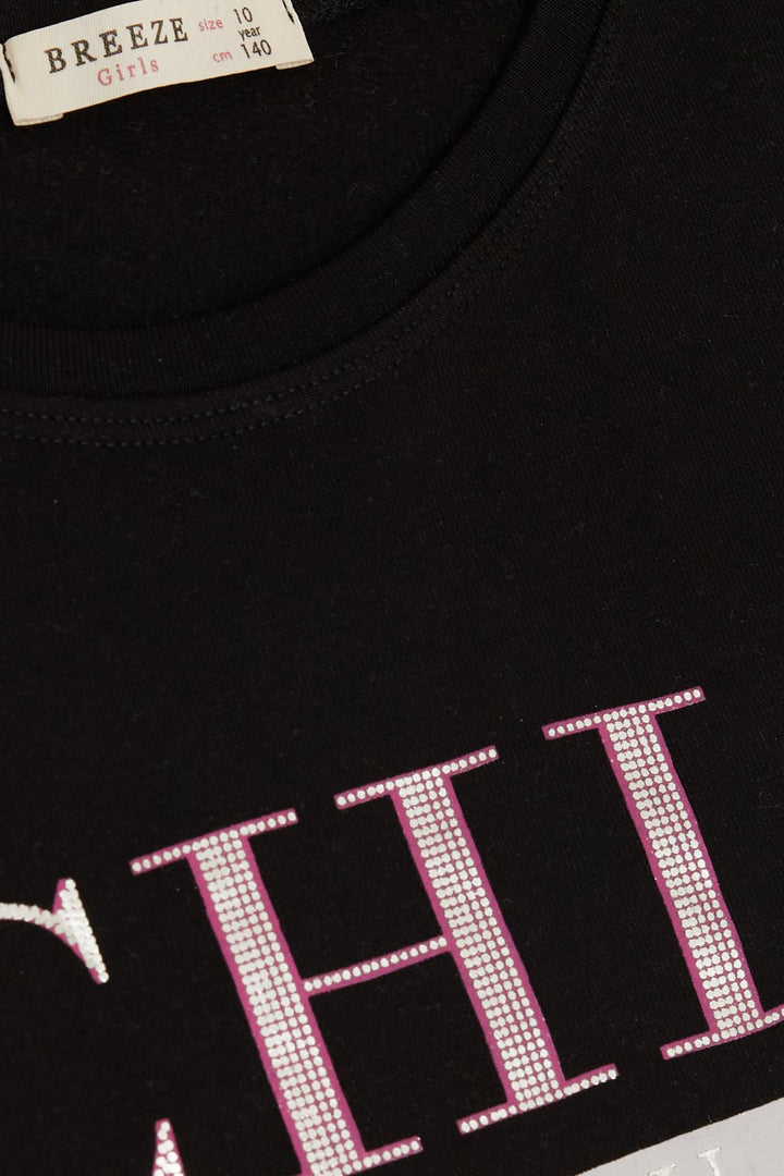 BRE Breeze Girl Child Long Sleeve T-Shirt with Glittery Printed Text, 94 Years, Black - Teruel