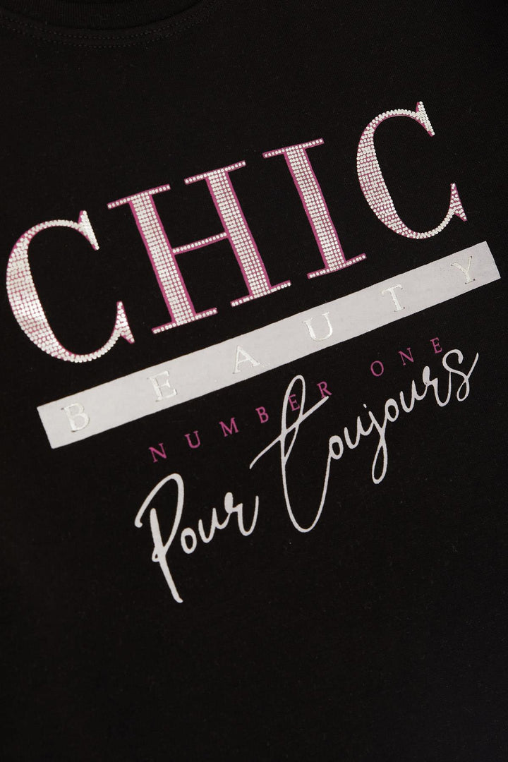 BRE Breeze Girl Child Long Sleeve T-Shirt with Glittery Printed Text, 94 Years, Black - Teruel