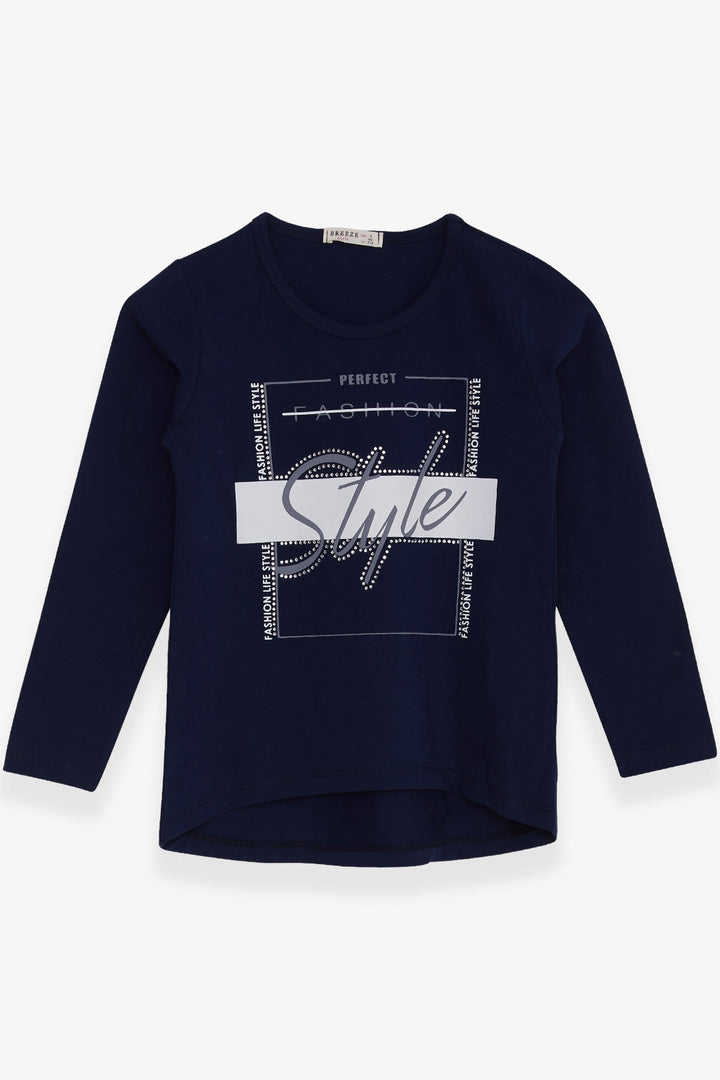 BRE Breeze Girl Child Long Sleeve T-Shirt with Stone Printed Writing 62 Years, Navy Blue - Wheaton