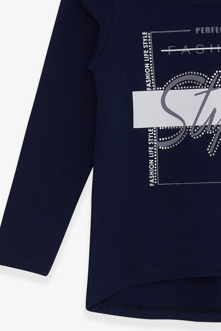BRE Breeze Girl Child Long Sleeve T-Shirt with Stone Printed Writing 62 Years, Navy Blue - Wheaton