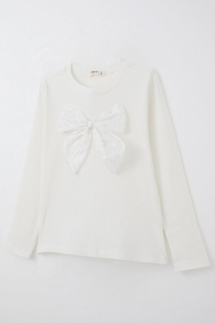 BRE Breeze Girl Child Long Sleeve T-Shirt with Rhinestone Bow Accessory, 94 Years, Ecru - Kirchheim unter Teck