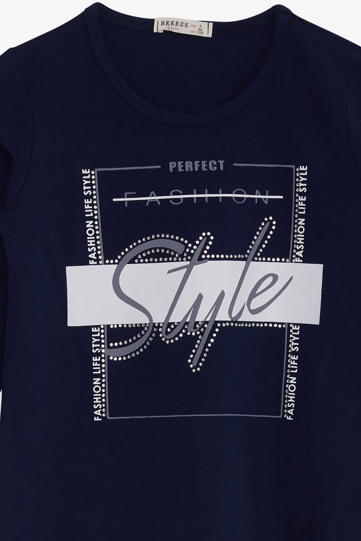 BRE Breeze Girl Child Long Sleeve T-Shirt with Stone Printed Writing 62 Years, Navy Blue - Wheaton