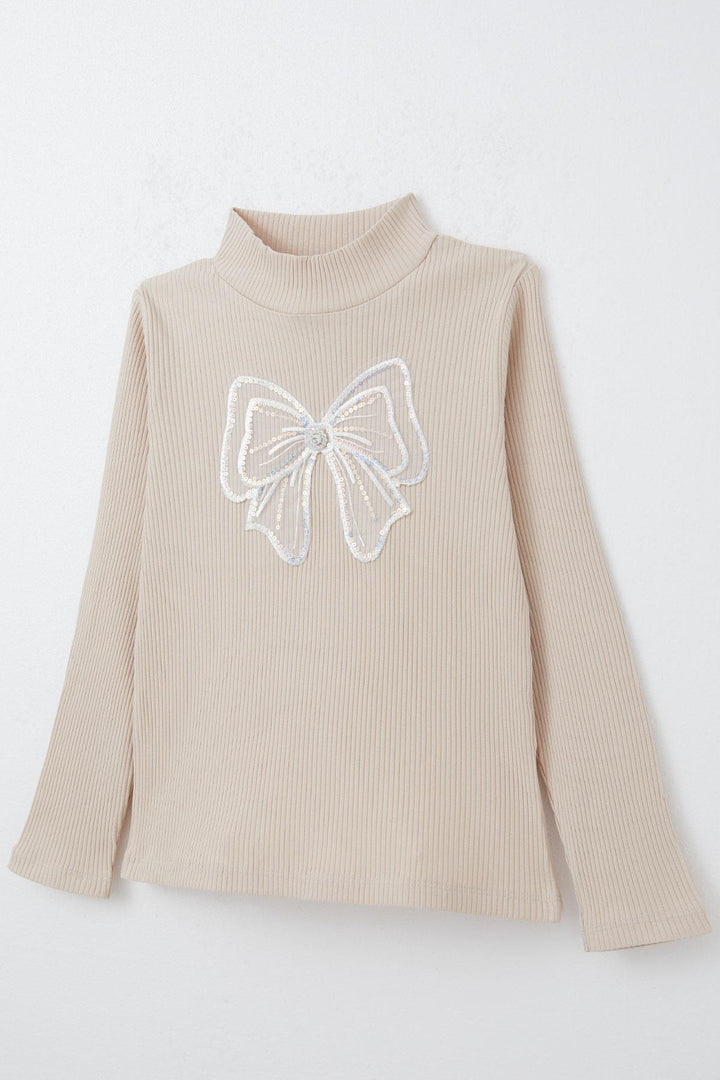 BRE Breeze Girl Child Long Sleeve T-shirt Tulle Bow Embroidered 84 Years, Beige - Villanueva y Geltrú