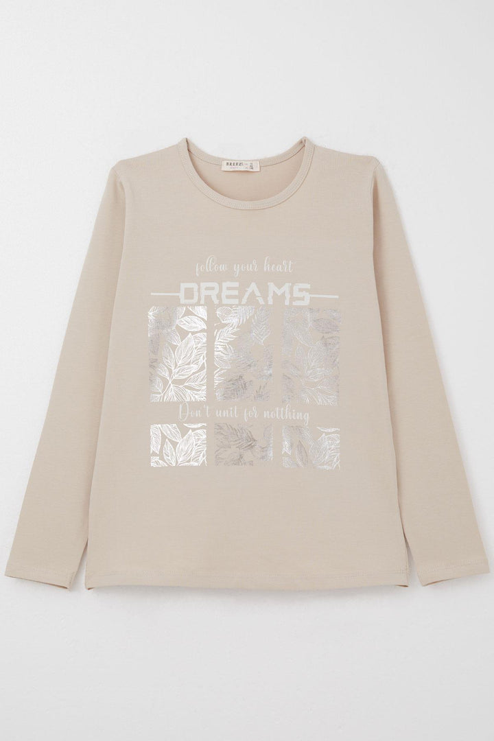 BRE Breeze Girl Child Long Sleeve T-Shirt with Gilded Leaf Pattern, 94 Years, Beige - Altrincham