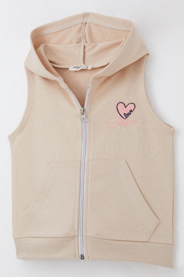 BRE Breeze Girl's Vest Heart & Text Embroidered Zippered 3-8 Years, Beige - Aubagne