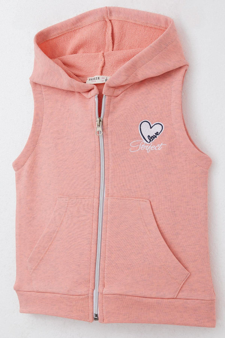 BRE Breeze Girl's Vest Heart & Text Embroidered Zippered 3-8 Years, Salmon Melange - Sassuolo