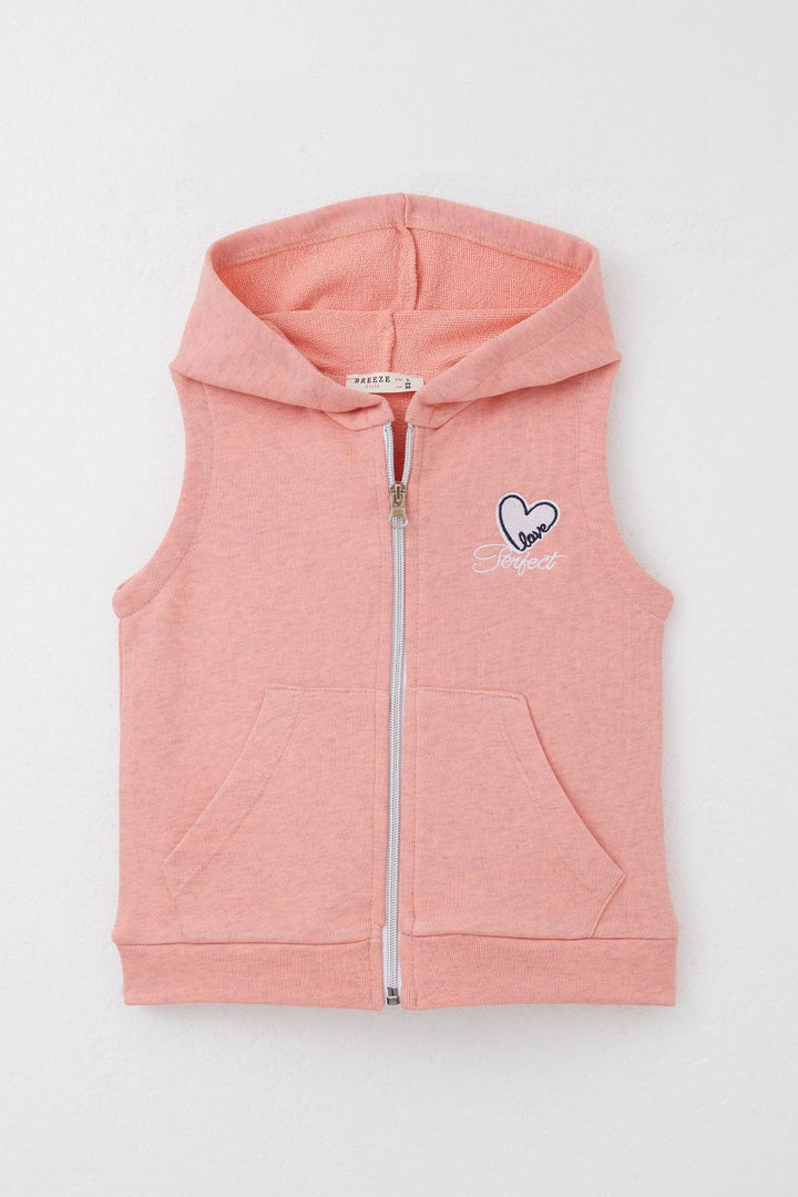 BRE Breeze Girl's Vest Heart & Text Embroidered Zippered 3-8 Years, Salmon Melange - Sassuolo