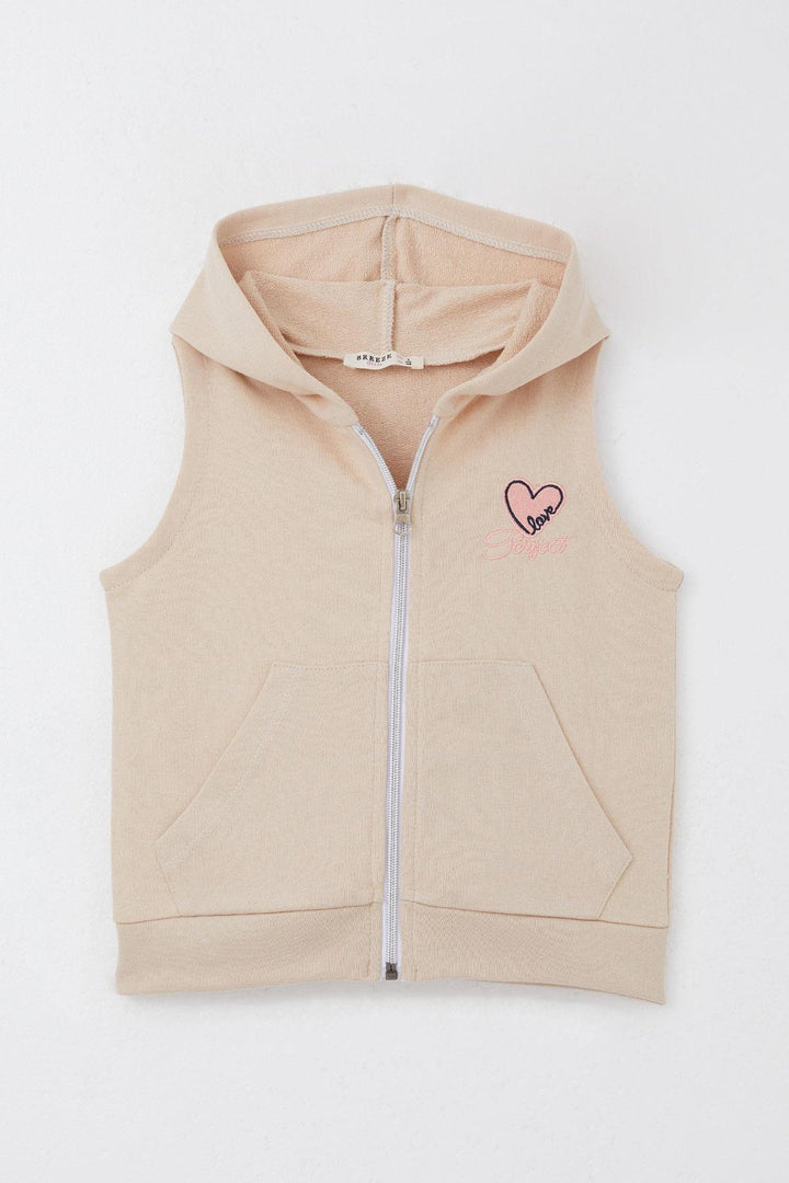 BRE Breeze Girl's Vest Heart & Text Embroidered Zippered 3-8 Years, Beige - Aubagne