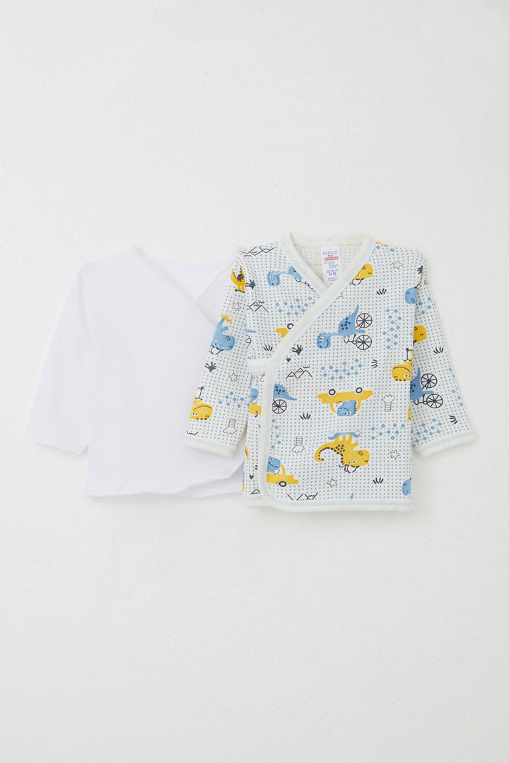 BRE Breeze Newborn Baby Internal External Snap Fastener 2-Piece Bodysuit Dinosaur Patterned 0-3 Months, White - Sittard