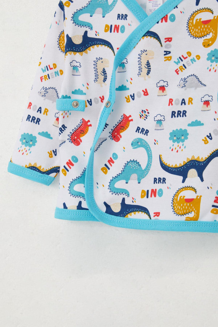 BRE Breeze Newborn Baby Inside Out Snap Fastener 2-Piece Bodysuit Dinosaur Patterned 0-3 Months, White - Eagle Mountain