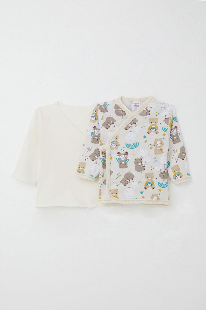 BRE Breeze Newborn Baby Internal External Snap Fastener 2-Piece Bodysuit Bear Patterned 0-3 Months, Beige - Frankston