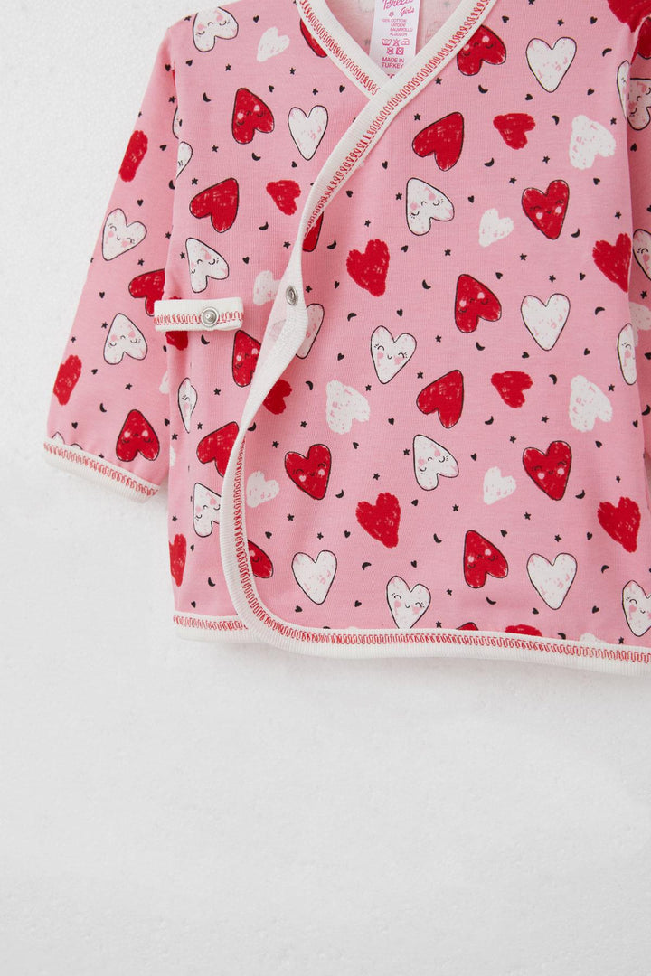 BRE Breeze Newborn Baby Inside Out Snap Fastener 2-Piece Bodysuit Smiling Face Heart Patterned 0-3 Months, Pink - Concord