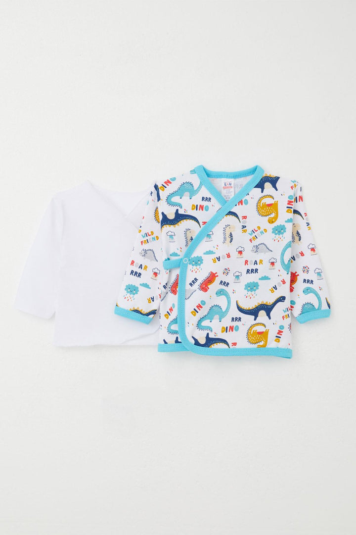 BRE Breeze Newborn Baby Inside Out Snap Fastener 2-Piece Bodysuit Dinosaur Patterned 0-3 Months, White - Eagle Mountain