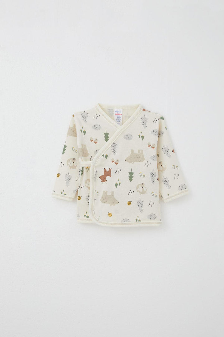 BRE Breeze Newborn Baby Inner and Outer Snap Fastener 2-Piece Bodysuit Forest Themed Animal Patterned 0-3 Months, Cream - York