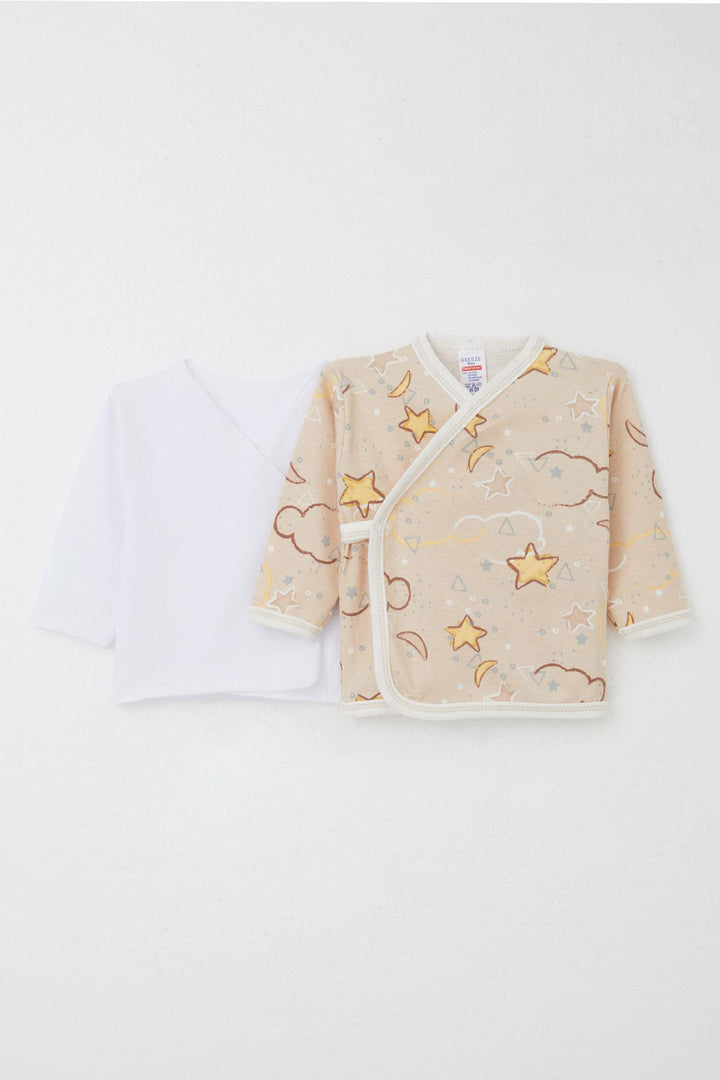 BRE Breeze Newborn Baby Internal External Snap Fastener 2-Piece Bodysuit Star Patterned 0-3 Months, Beige - Alexandria
