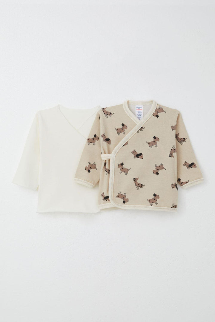 BRE Breeze Newborn Baby Inner and Outer Snap Fastener 2-Piece Bodysuit Cute Puppy Patterned 0-3 Months, Dark Beige - Leonberg