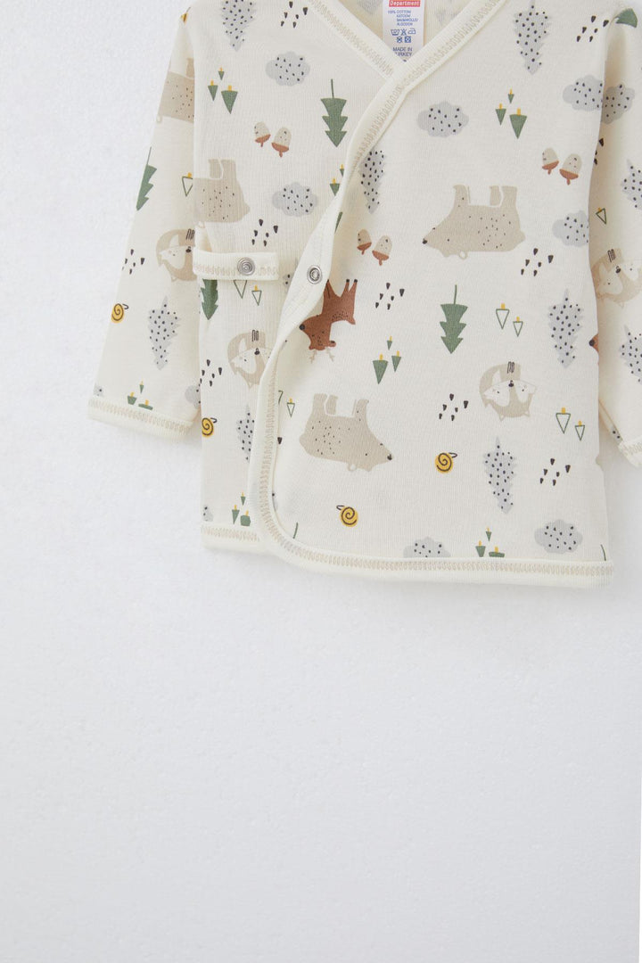 BRE Breeze Newborn Baby Inner and Outer Snap Fastener 2-Piece Bodysuit Forest Themed Animal Patterned 0-3 Months, Cream - York