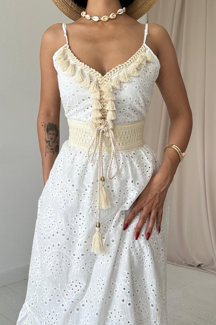 ELS Embroidered Dress with Straps and Tassels - White - Hilo