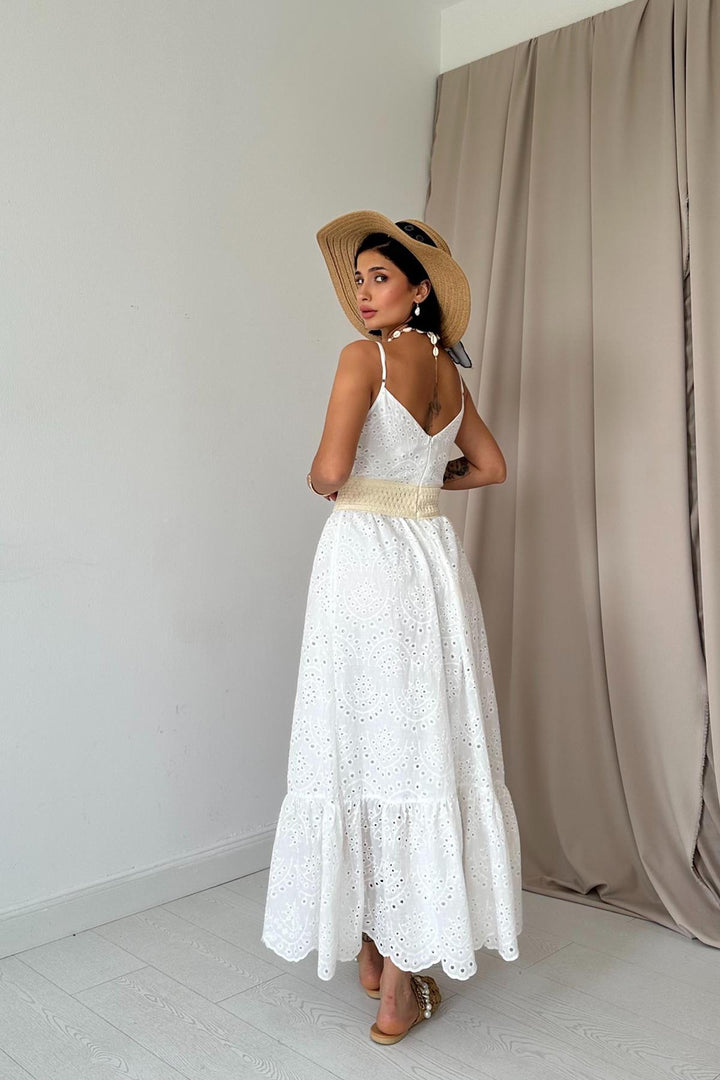 ELS Embroidered Dress with Straps and Tassels - White - Hilo